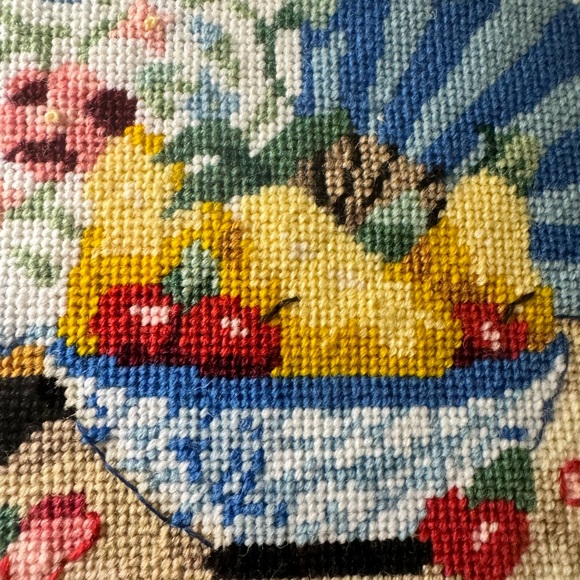 Vintage Needlepoint  Cherry Blossom Framed Picture 19”x21” Fruits Flowers 60s - Picture 10 of 14